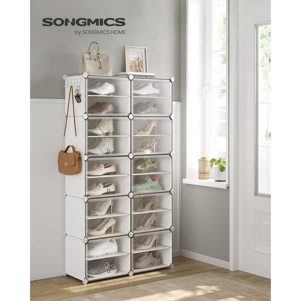 SONGMICS Cubes Plastic Shoe Rack with Doors, Holds Up to 16 to 48 Pair of Shoes