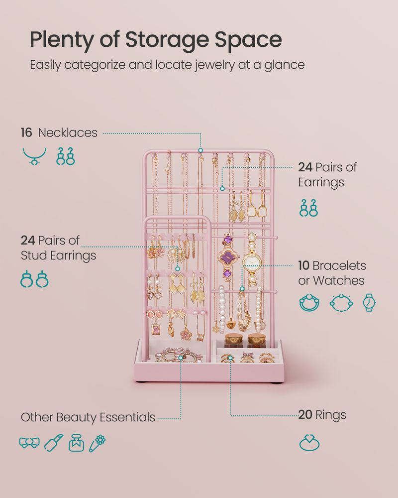 SONGMICS Jewelry Holder with Metal Frame and Velvet Tray