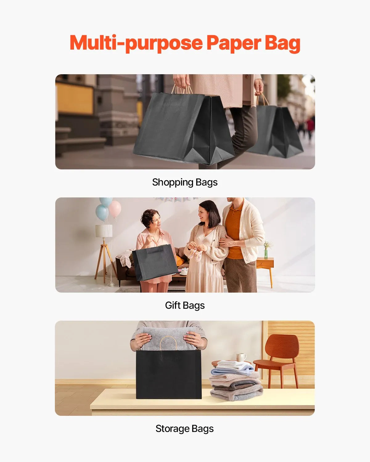 VEVOR Kraft Paper Bags with Handles – 50/100Pcs, 16 x 6 x 12 in, Large Reusable & Recycled Grocery/Party Bags – White, Brown, Black