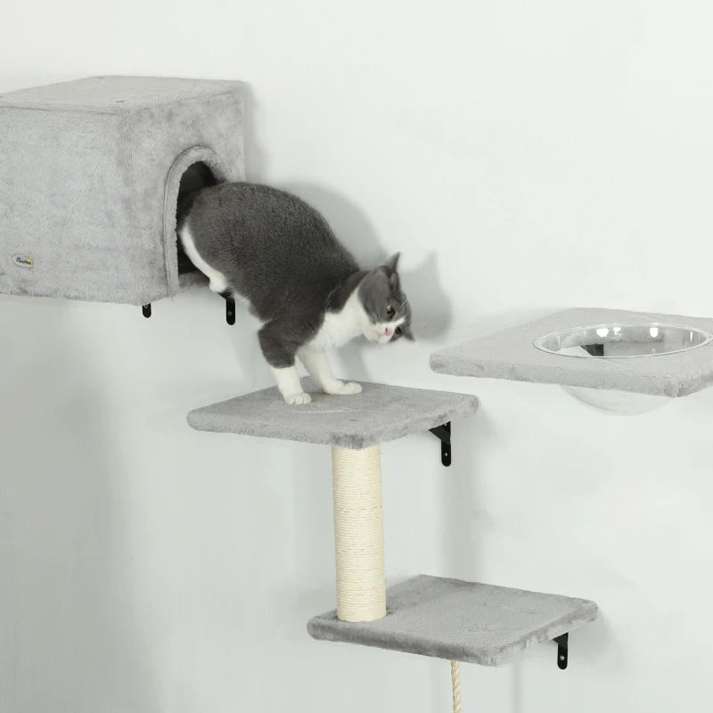 Cat Wall Shelves Set of 7, Shelves and Perches with House, Sisal Post Ladder, Bed & Ball, Grey
