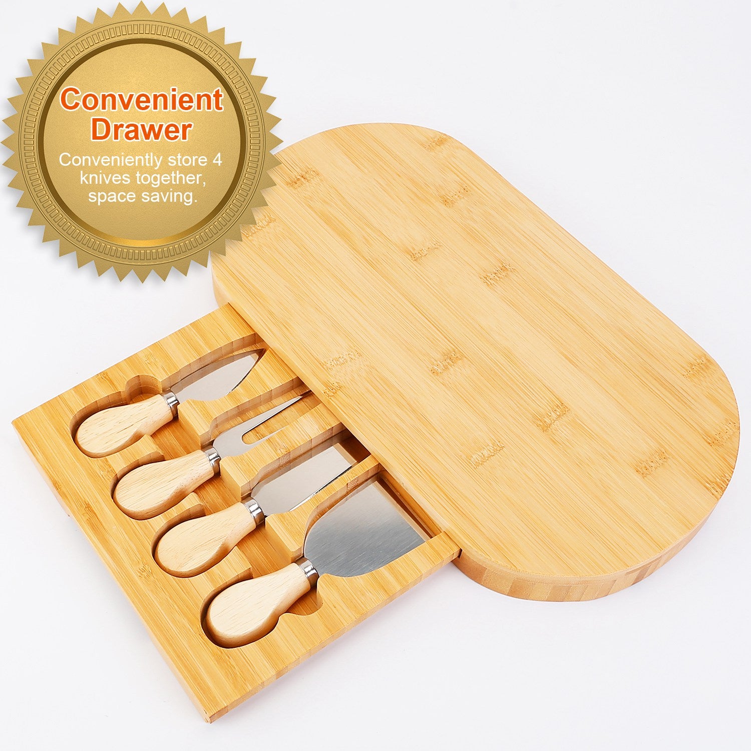 Oval Bamboo Cheese Board Knife Set Wooden Cheese Serving Platter Tray with 4 Stainless Steel Knives Pull-out Storage Drawer for Wedding Birthdays