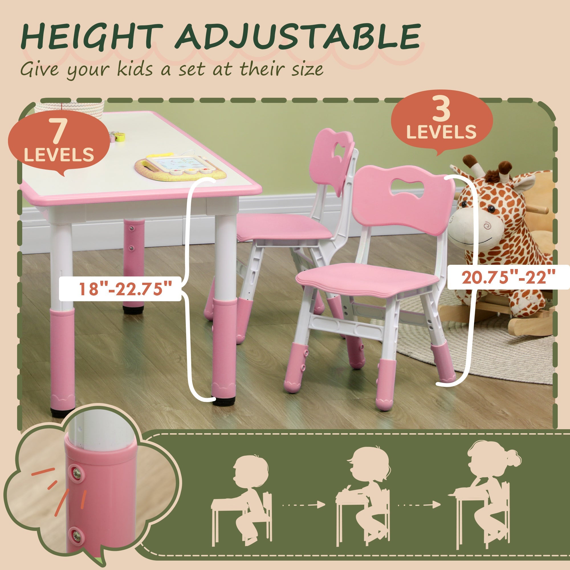 Qaba Kids Table & 4 Chair Set: Adjustable Height, Durable, Easy Clean for Toddlers in Pink