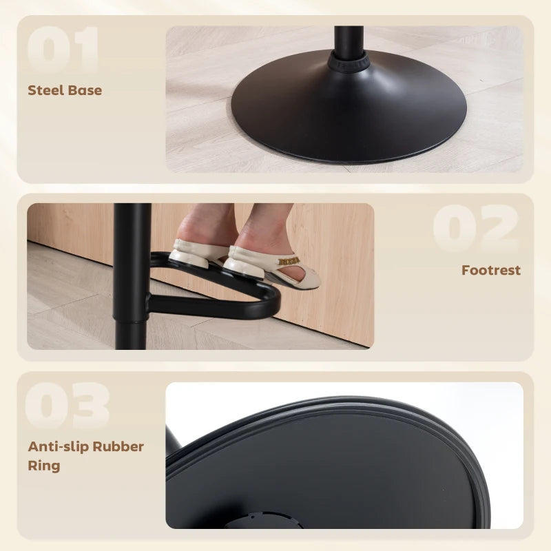 Adjustable Bar Stools Set of 2, Upholstered Kitchen Stools with Swivel Seat, Steel Frame, Footrest, Black
