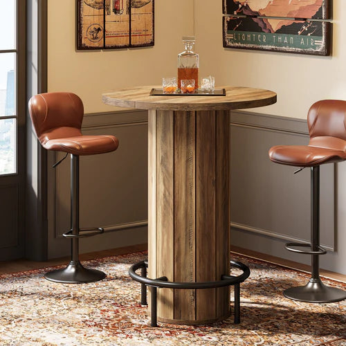 31.5" Round Bar Table with Footrest, Farmhouse Bistro Pub Table with Fence-Style Base & Rustic Brown Wood Finish