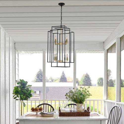 8 Lights Black & Gold Lantern Tiered Chandelier, Industrial Farmhouse Chandelier - No Bulbs