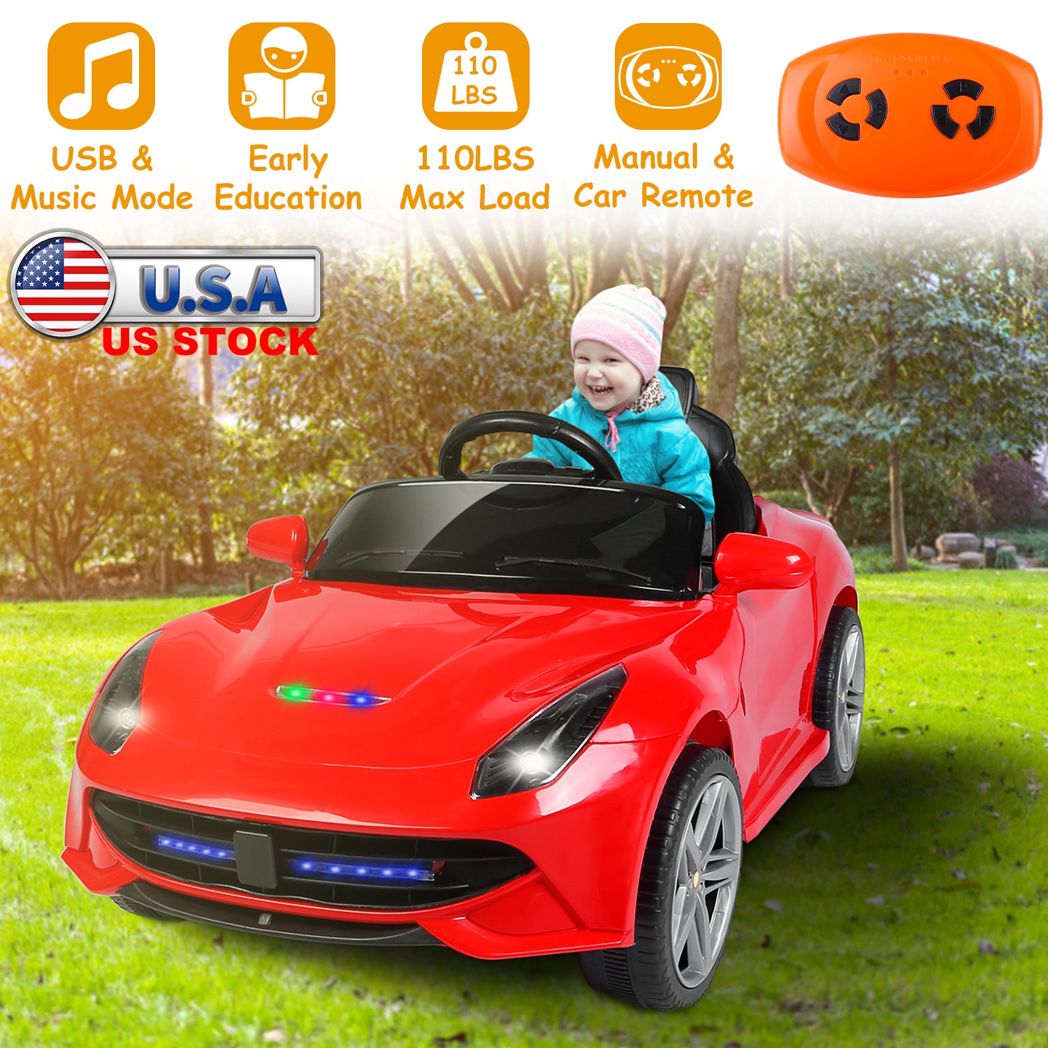 Kids Electric Ride On Car with Parental Remote Control Early Education Music Car Lights Connection Sound Button 3 Speeds