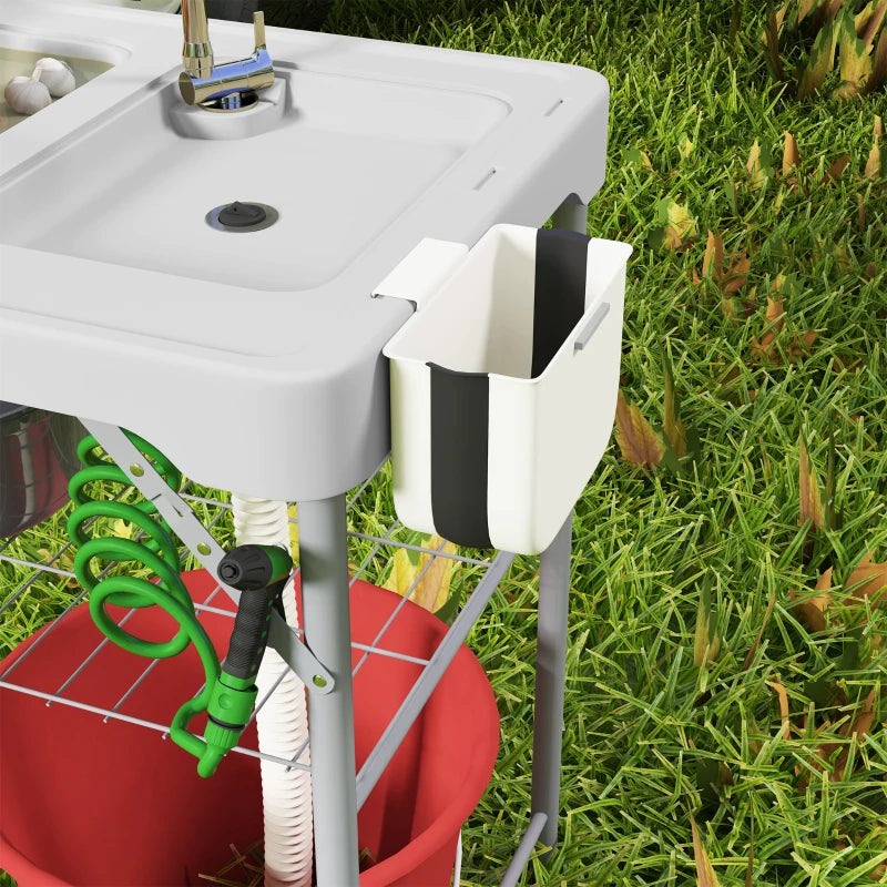 Folding Fish Cleaning Table with Sinks, Camping Sink with Faucet Drainage Hose Sprayer Shelf, Grey