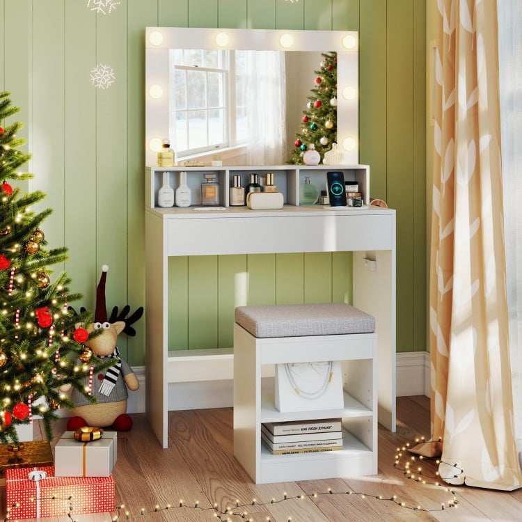 31.5 Inches Vanity Desk with 3 Lighting Modes and Storage Shelves-White