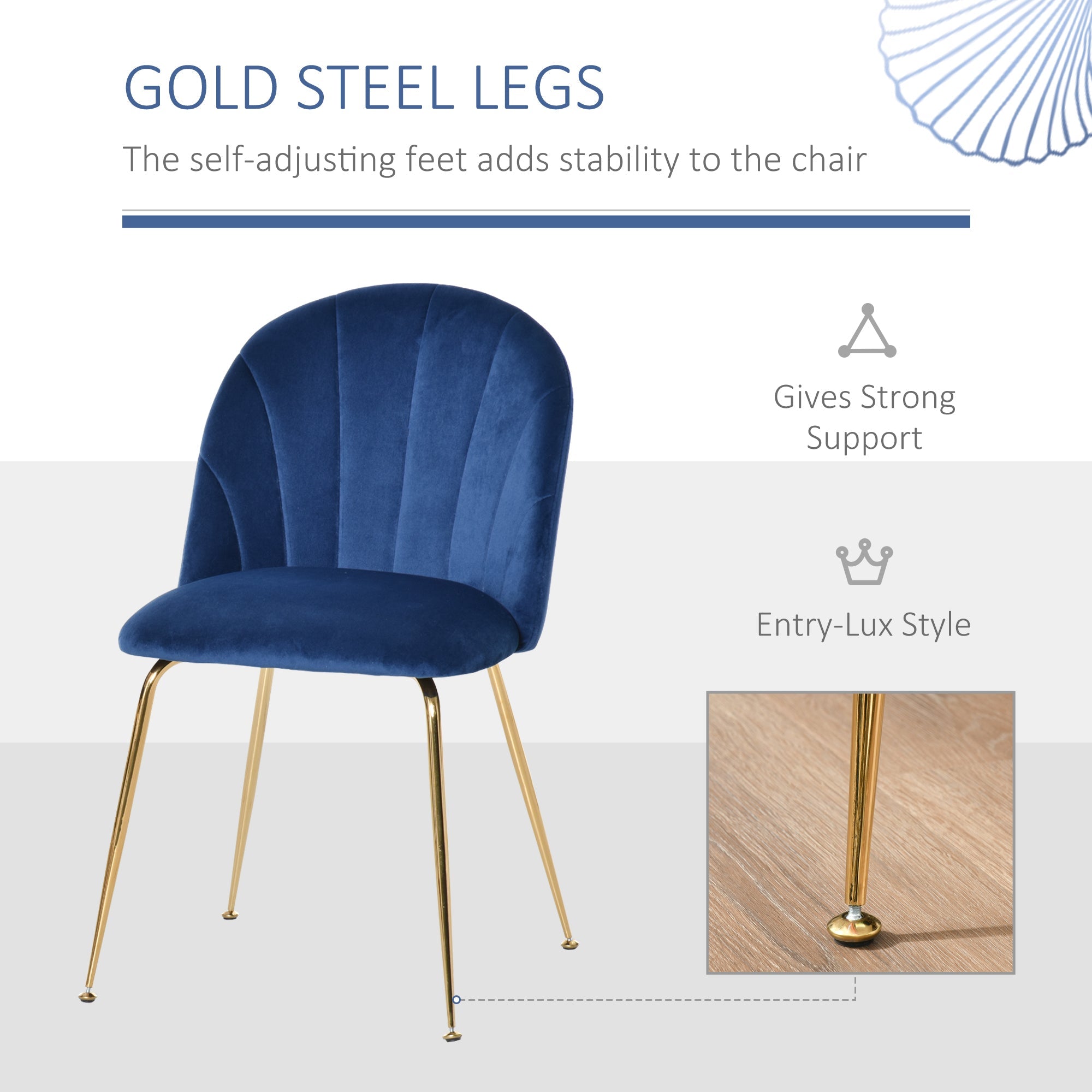 HOMCOM Modern Dining Chair Duo: Blue Velvet-Touch Fabric Accent Chairs Set of 2, with Gold Metal Legs for Stylish Seating