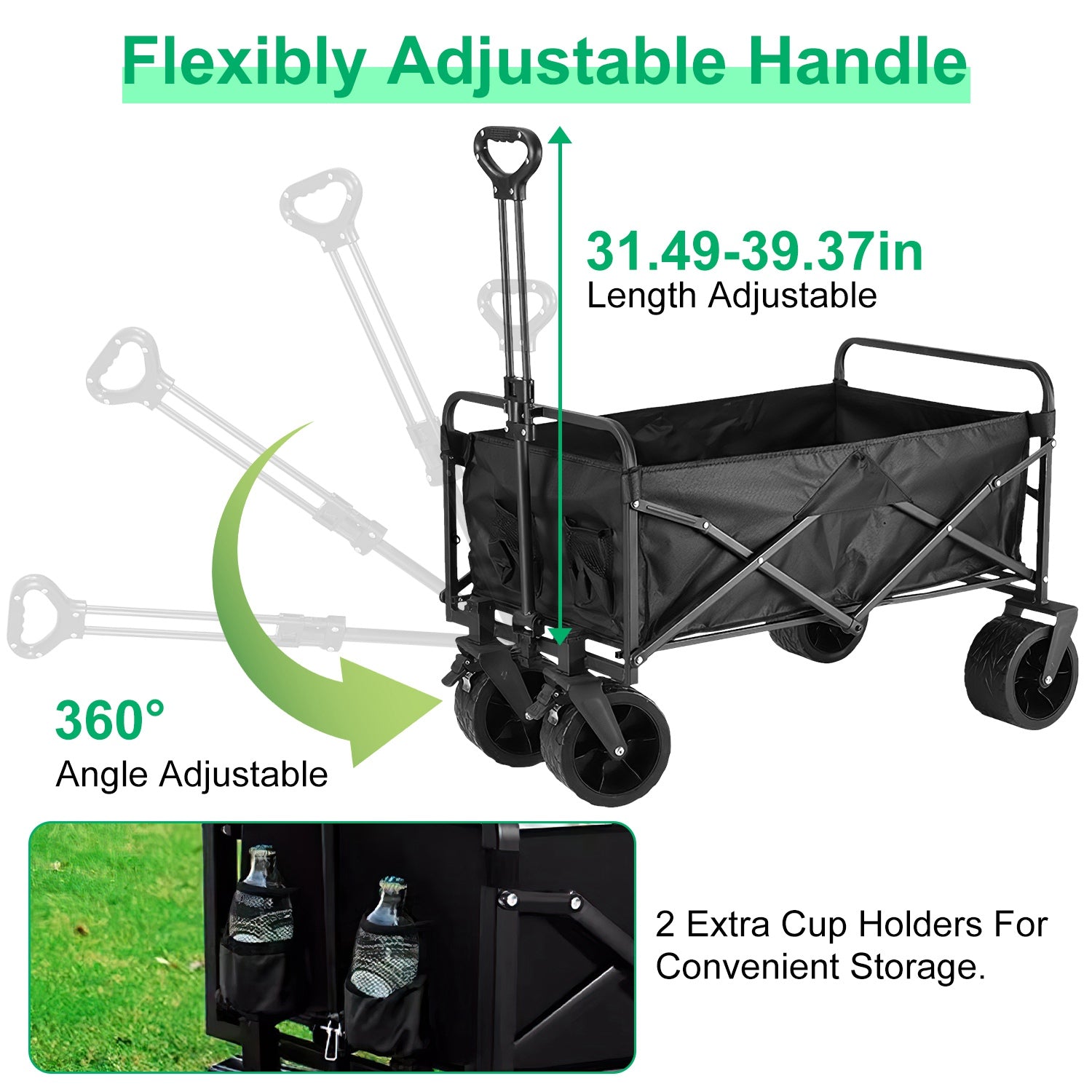 200L Collapsible Folding Wagon Cart With Drink Holders Adjustable Handle 440LBS Load Capacity Foldable Utility Outdoor Wagon With All-Terrain Wheels a