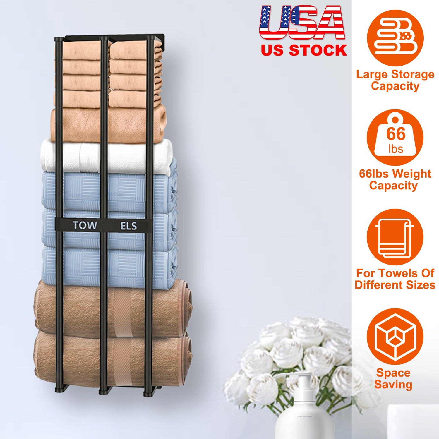 Wall Mounted Towel Rack for Rolled Towels Bathroom Towel Holder Organizer Storage Shelf for Bath Towels Hand Towels