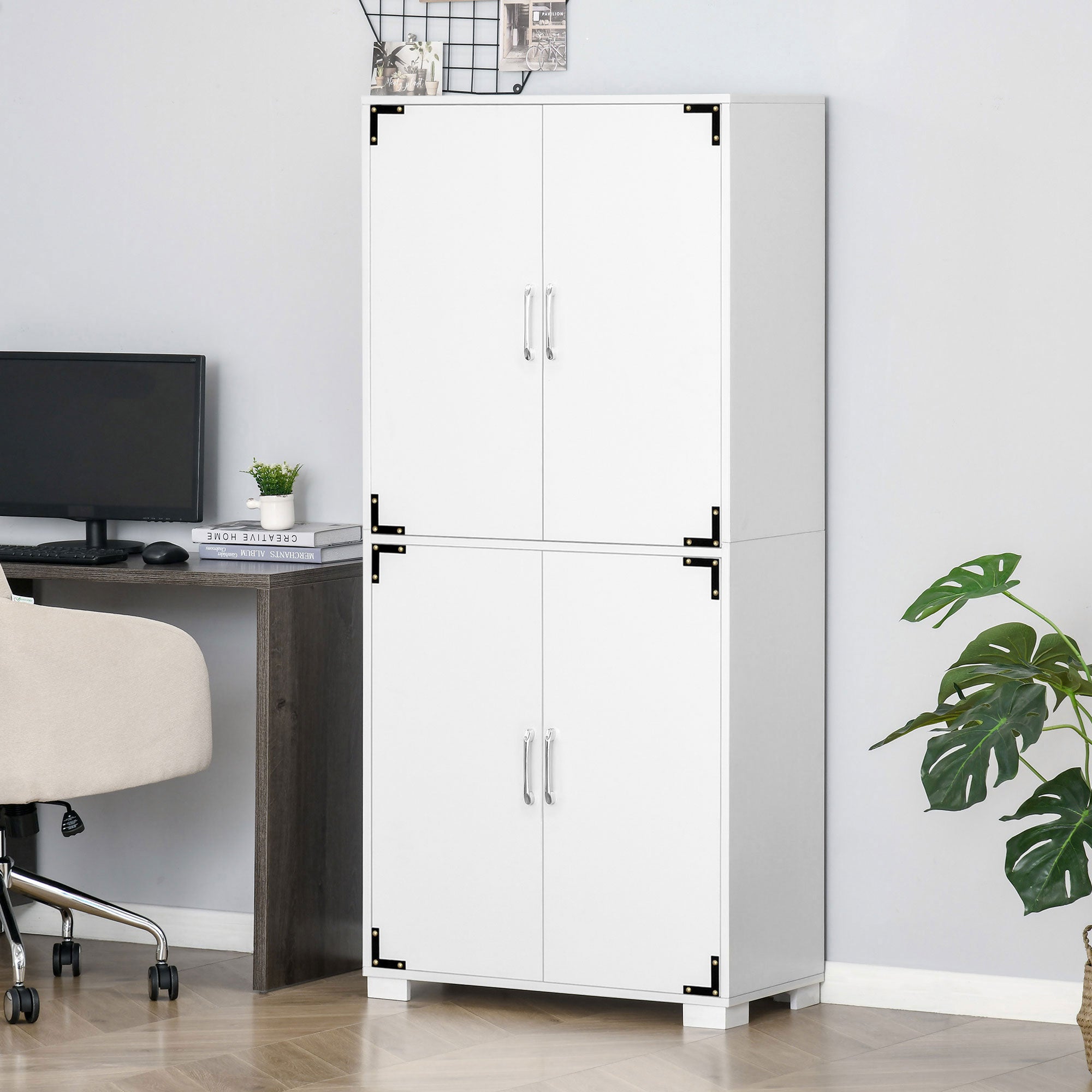 HOMCOM Industrial Pantry Storage Cabinet Kitchen 4 Doors Cupboard Shelves Bedroom Living Room White