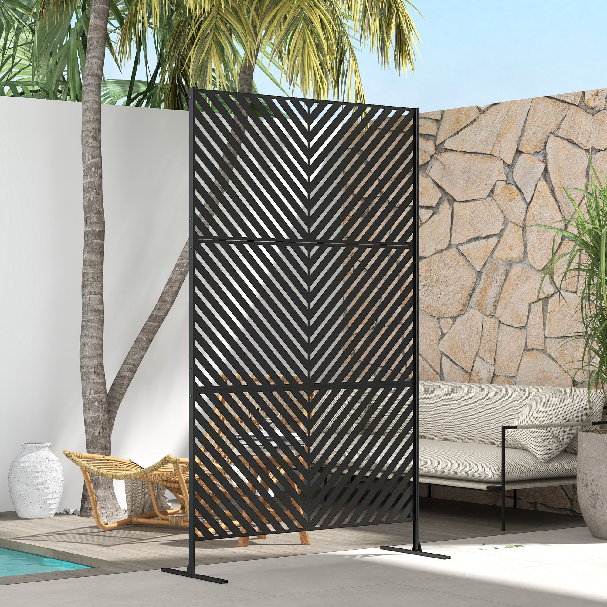Outsunny 6.5FT Metal Outdoor Privacy Screen Divider with Stand Triangle Design Black