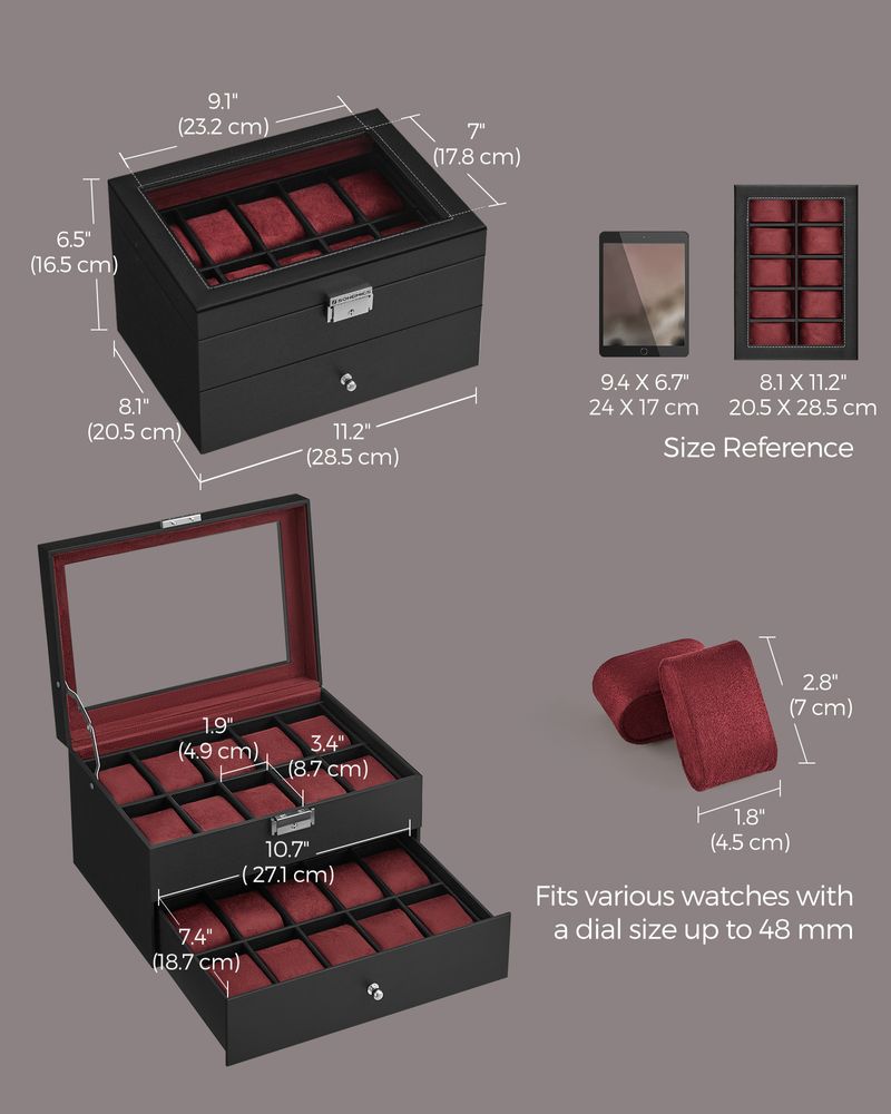 SONGMICS 16 & 20-Slot Watch Box with Glass Lid