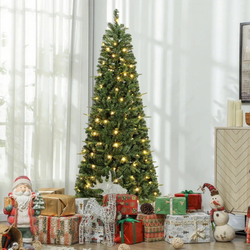 HOMCOM 7FT Prelit Pop Up Artificial Christmas Tree, Collapsible Green Xmas Tree with Warm White LED Lights and Metal Stand