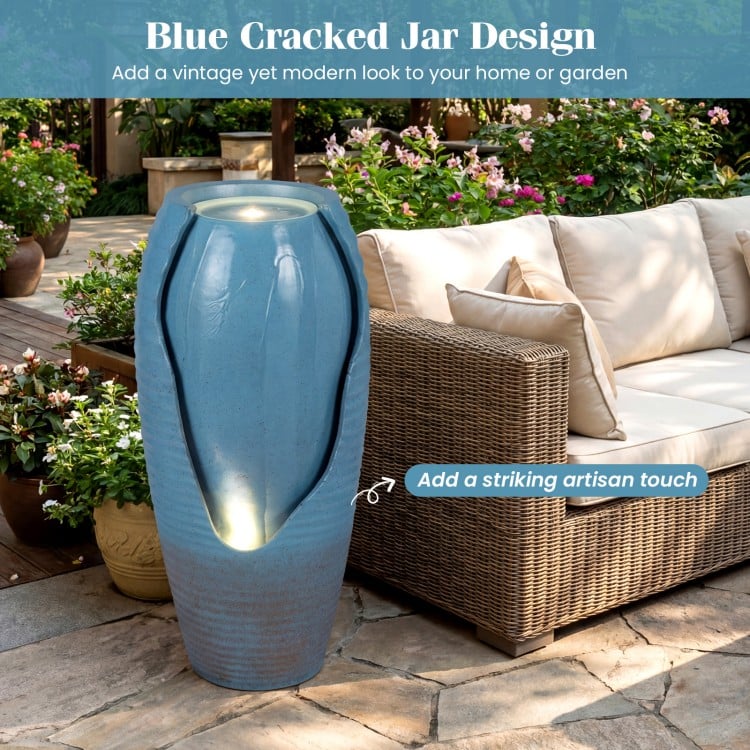 32 Inch Tall Jar Water Fountain with LED Lights and Pump Vintage Ceramic-Look