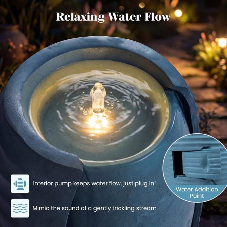 32 Inch Tall Jar Water Fountain with LED Lights and Pump Vintage Ceramic-Look