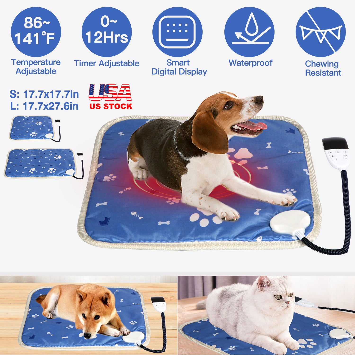 Pet Heating Pad Electric Dog Cat Heating Mat Waterproof Warming Blanket with 86-141? Adjustable Temperature 0-12 Timer Digital Display Chewing-resista