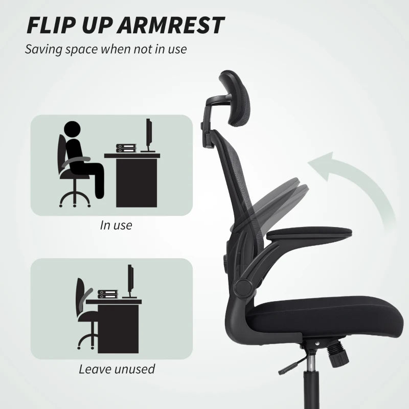 Ergonomic Office Chair, Mesh Desk Chair with Adjustable Headrest, Lumbar Support and Height, Flip-Up Armrests, Black