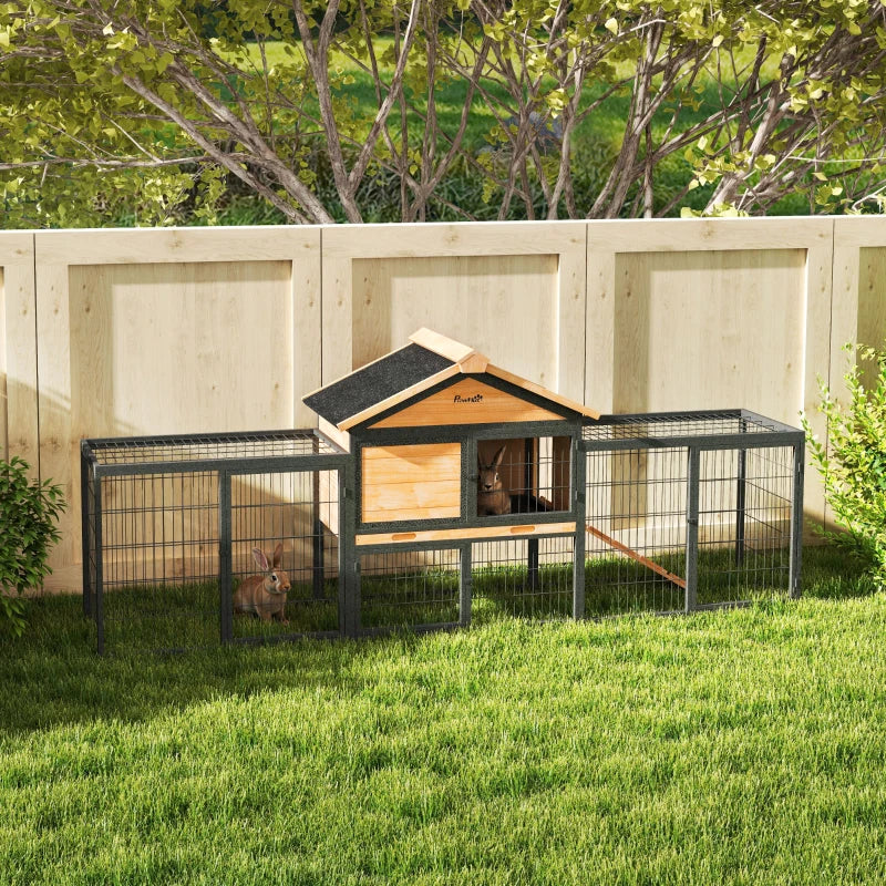 Rabbit Hutch Outdoor, 85"L Large Wooden Bunny Cage with Run Box, Removable Plastic Tray, Asphalt Roof, Ramp, Yellow