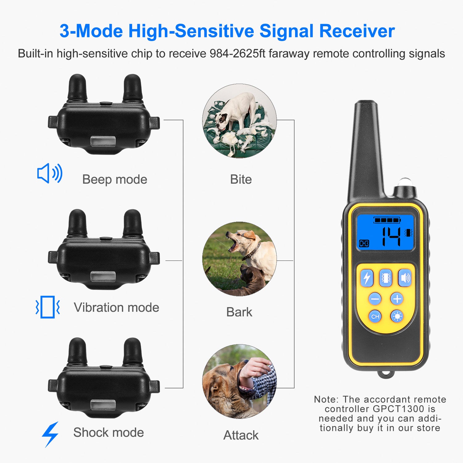 Dog Training Collar Receiver IP67 Waterproof Dog Bark Shock Collar Accessories Adjustable Belt Rechargeable Without Remote Controller