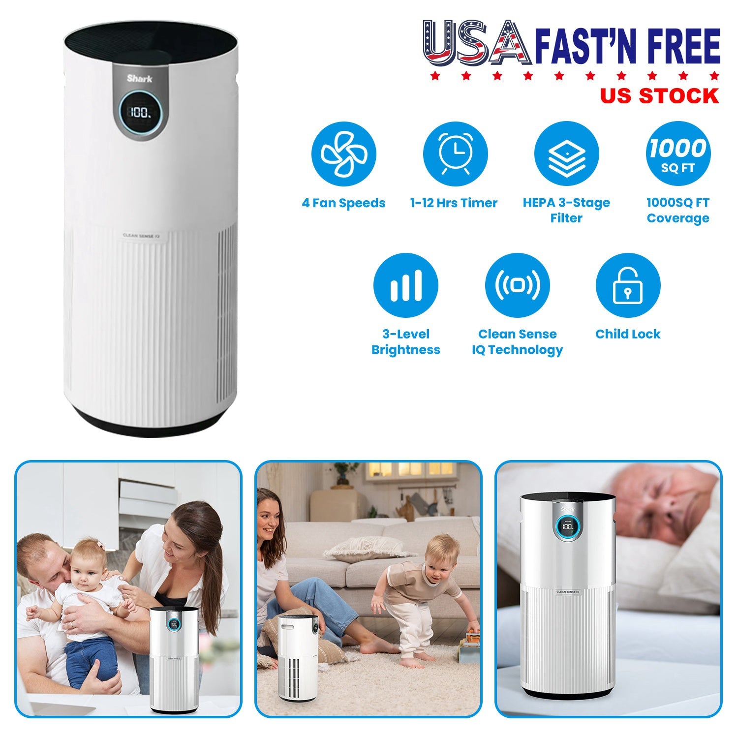 Shark HP200 Air Purifier with True HEPA Air Filter Covers Up To 1000sq ft with 4 Fan Speeds Auto Modes Removes Smoke Dust Allergens Pollutants