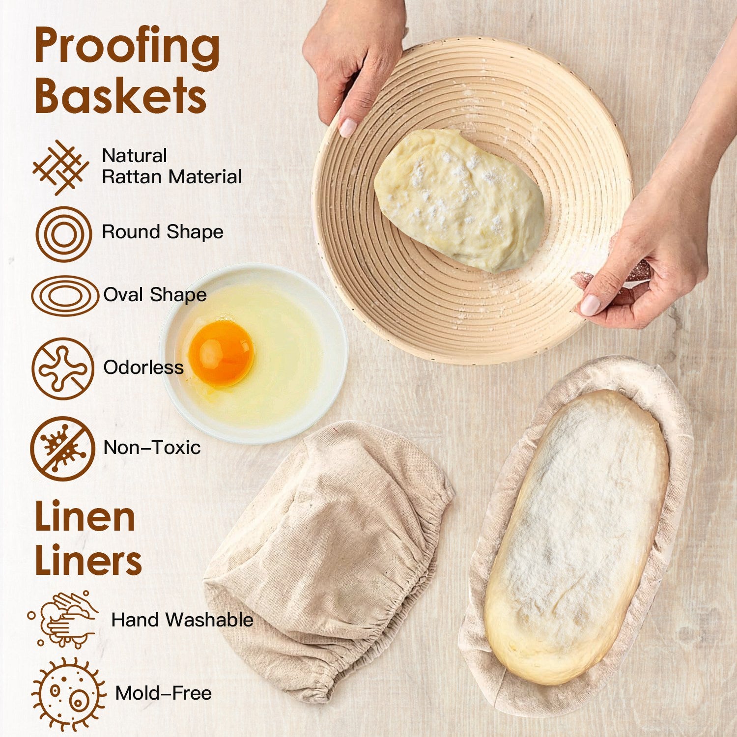 Complete Bread Baking Kit Banneton Proofing Basket Set 9In Round And 10In Oval Basket With Linen Liner Lame Dough Scraper Whisk