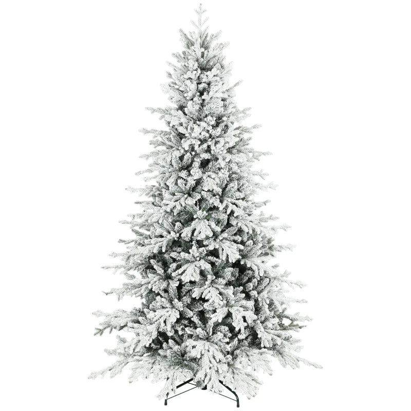 HOMCOM 7FT Artificial Flocked Christmas Tree, Full Snow-Covered Pine Xmas Tree with Realistic Tips, Hinged Branches, and Metal Stand