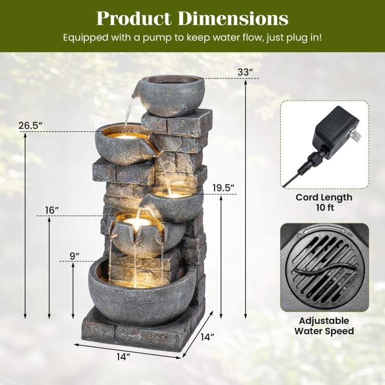 33" H Outdoor Water Fountain with LED Lights for Patio