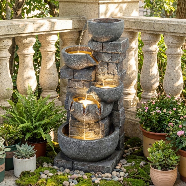 33" H Outdoor Water Fountain with LED Lights for Patio