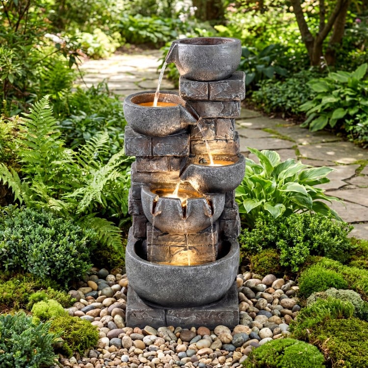 33" H Outdoor Water Fountain with LED Lights for Patio