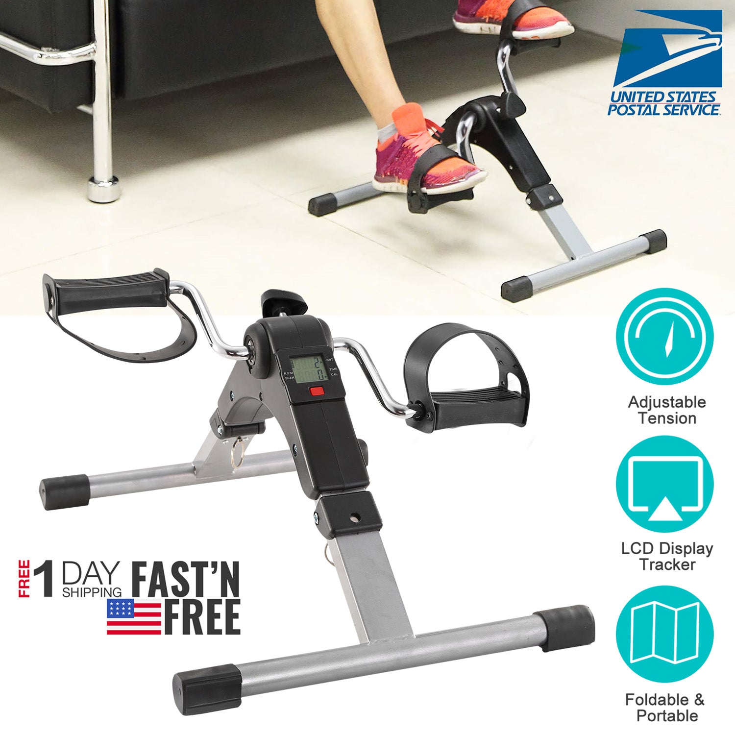 Foldable Exercise Bike Pedal Fitness Exerciser Cycle Bike w/ LCD Display Mini Pedal Exerciser for Leg Arm Physical Therapy Home Office Gym