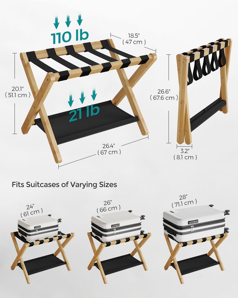 SONGMICS Folding Suitcase Stand with Storage Shelf