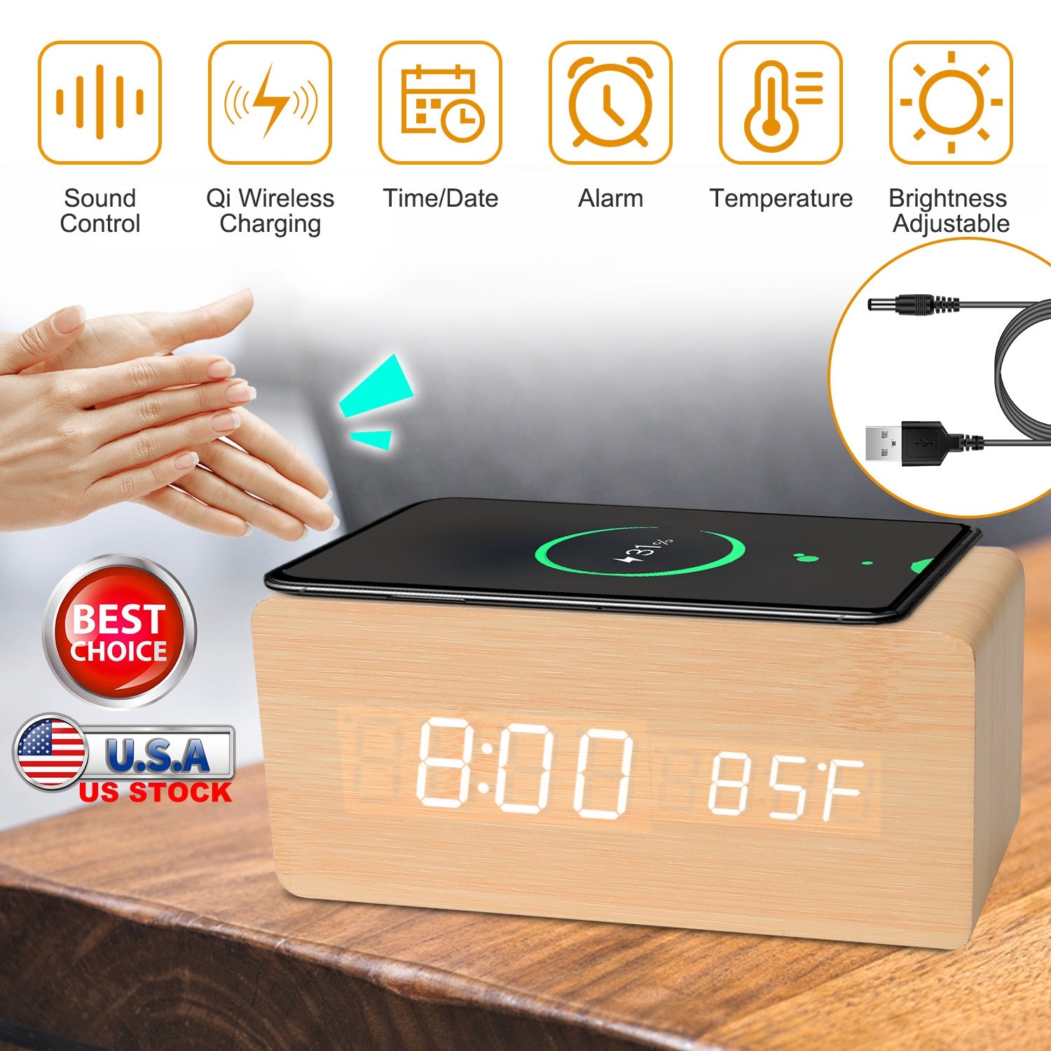 Digital Alarm Clock Qi-Wireless Charger Time Temperature Calendar Display Clock w/ Voice Control Brightness Adjustment (Bamboo Color)