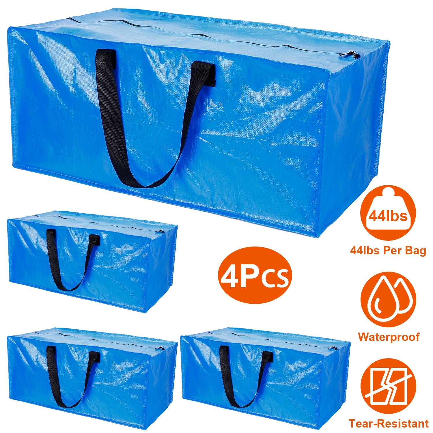 4Pcs Moving Bags Heavy Duty Container Reusable Plastic Totes Blue Moving Bin Zippered Storage Bag