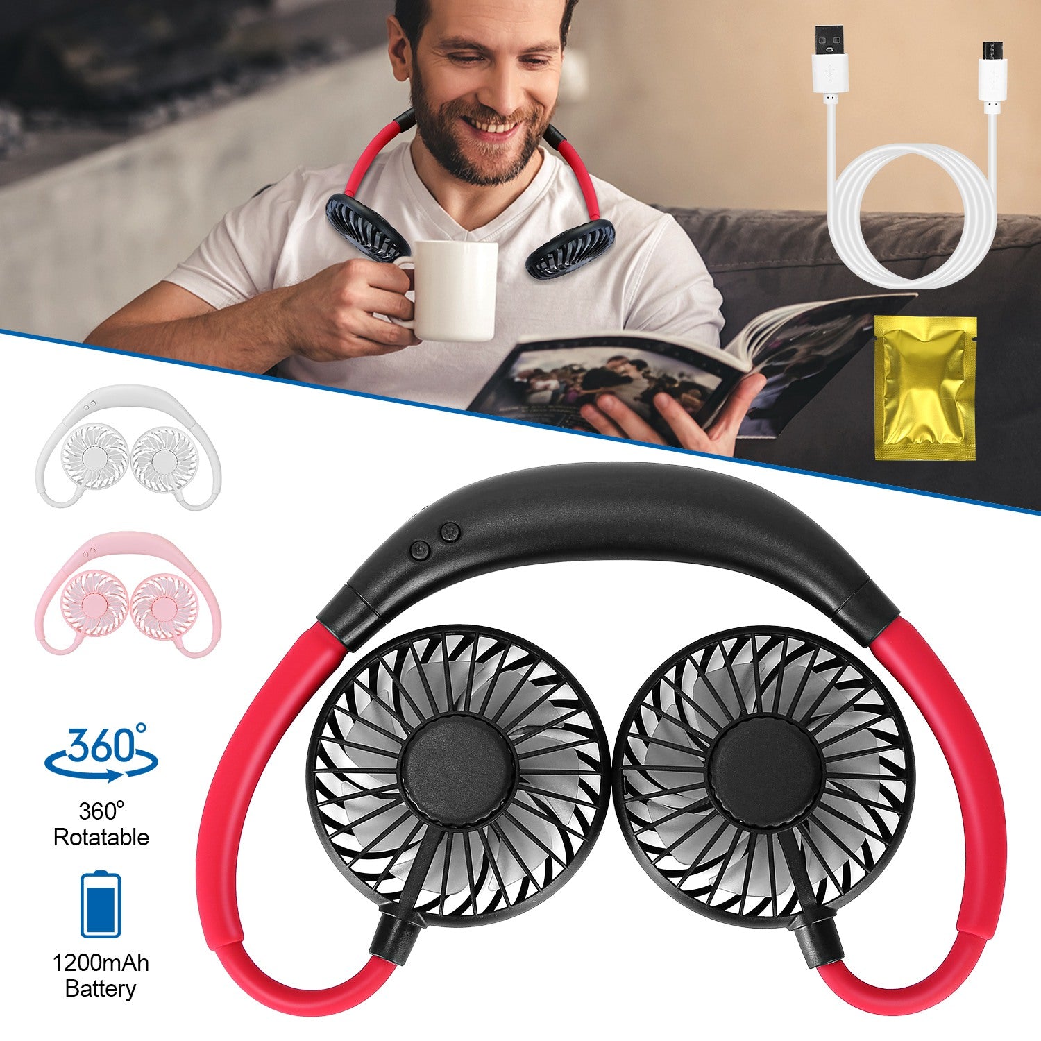 Neck Hanging Fan Hand Free Portable Aromatherapy USB Fans 360°Rotatable Rechargeable Dual Cooling Fans w/Color Changing Led