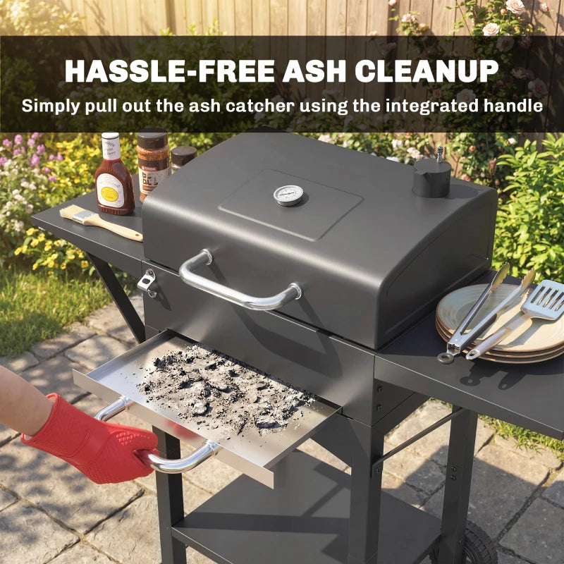 Charcoal Grill with 2 Side Tables, Barbecue Grill with Thermometer and Warming Rack, Wheels, 43.3"x18.3"x39.8", Black