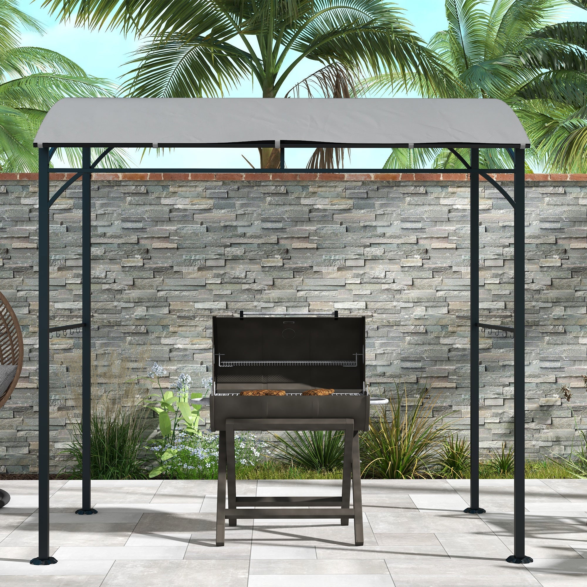 Outsunny 7' x 5' Garden Grill Canopy, BBQ Grill Gazebo Tent with Steel Frame and Hooks, Outdoor Sun Shade, Grey