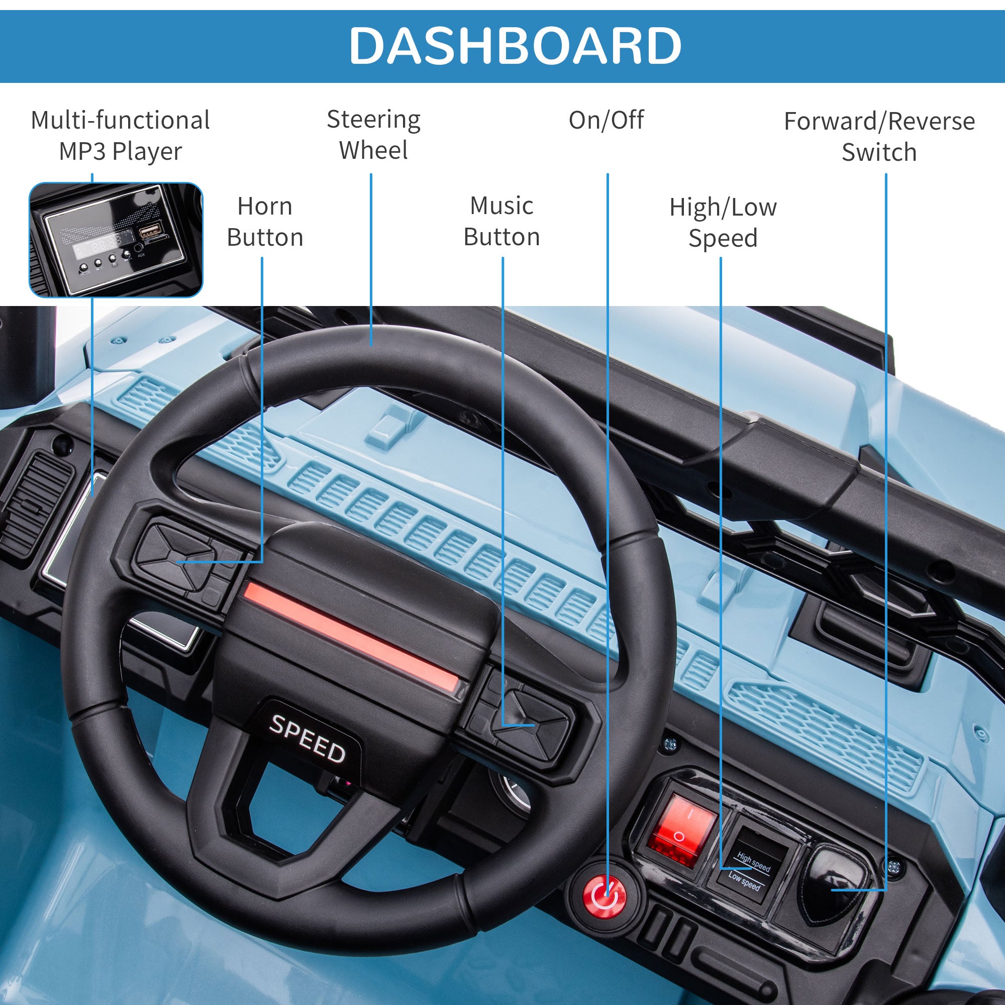 Aosom 12V Kids Ride-On Truck: Remote Control, LED Lights, Spring Suspension, Blue