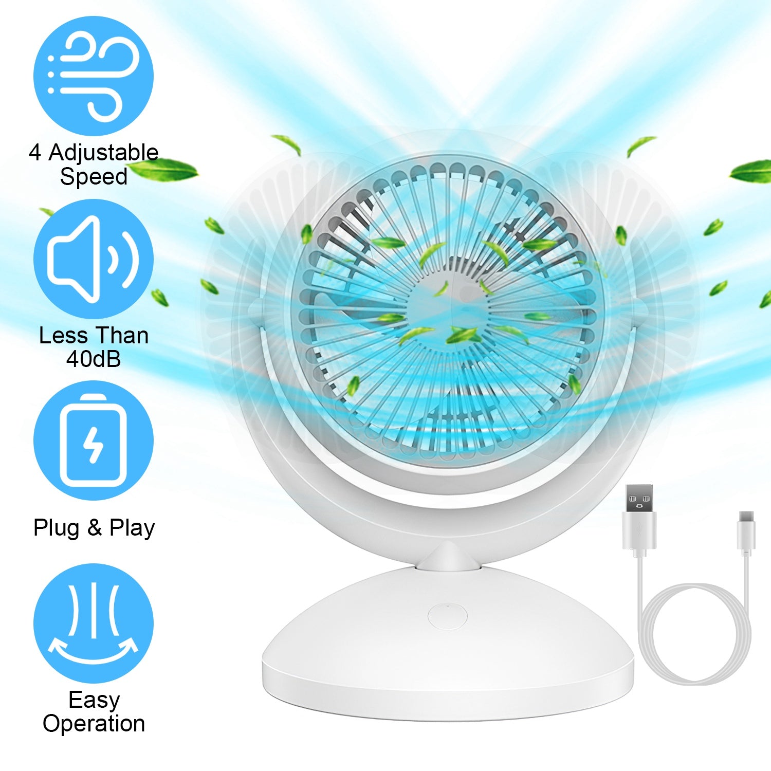 Air Circulator Desk Fan Portable Desktop Rechargeable Oscillating Fan with 4 Speeds 360 Degree Tilt Head Automatic Rotation Quiet 40dB Table Fan for H