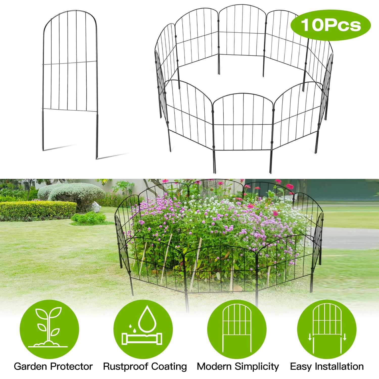 10Pcs Decorative Garden Fence Rustproof Iron Wire Arched Fence Animal Barrier Border 12.59” Width 23.93” Length For Yard Landscape Patio Outdoor Decor