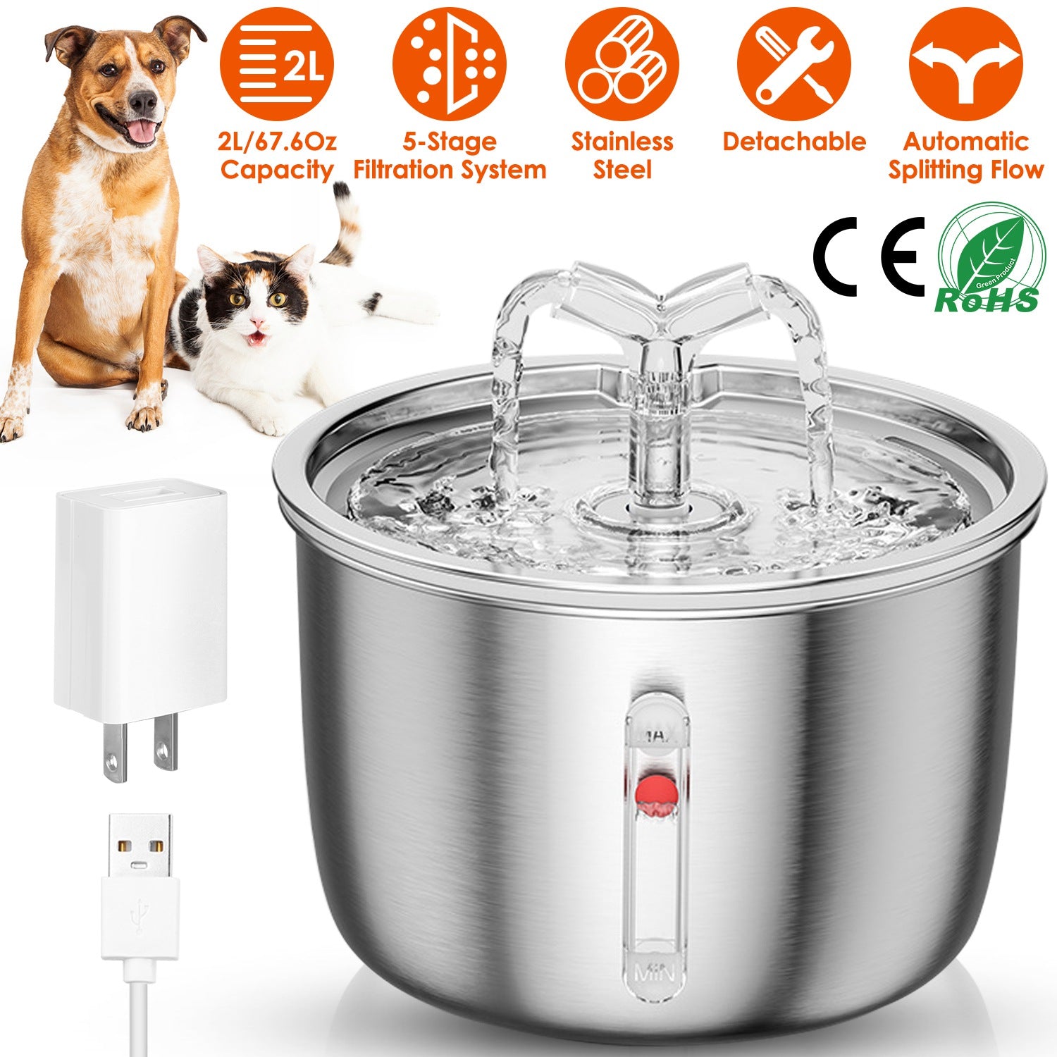 2L/67.6Oz Automatic Electric Pet Water Fountain Stainless Steel Pet Drinking Fountain Cat Dog Water Dispenser with Water Level Ultra-quiet Pump