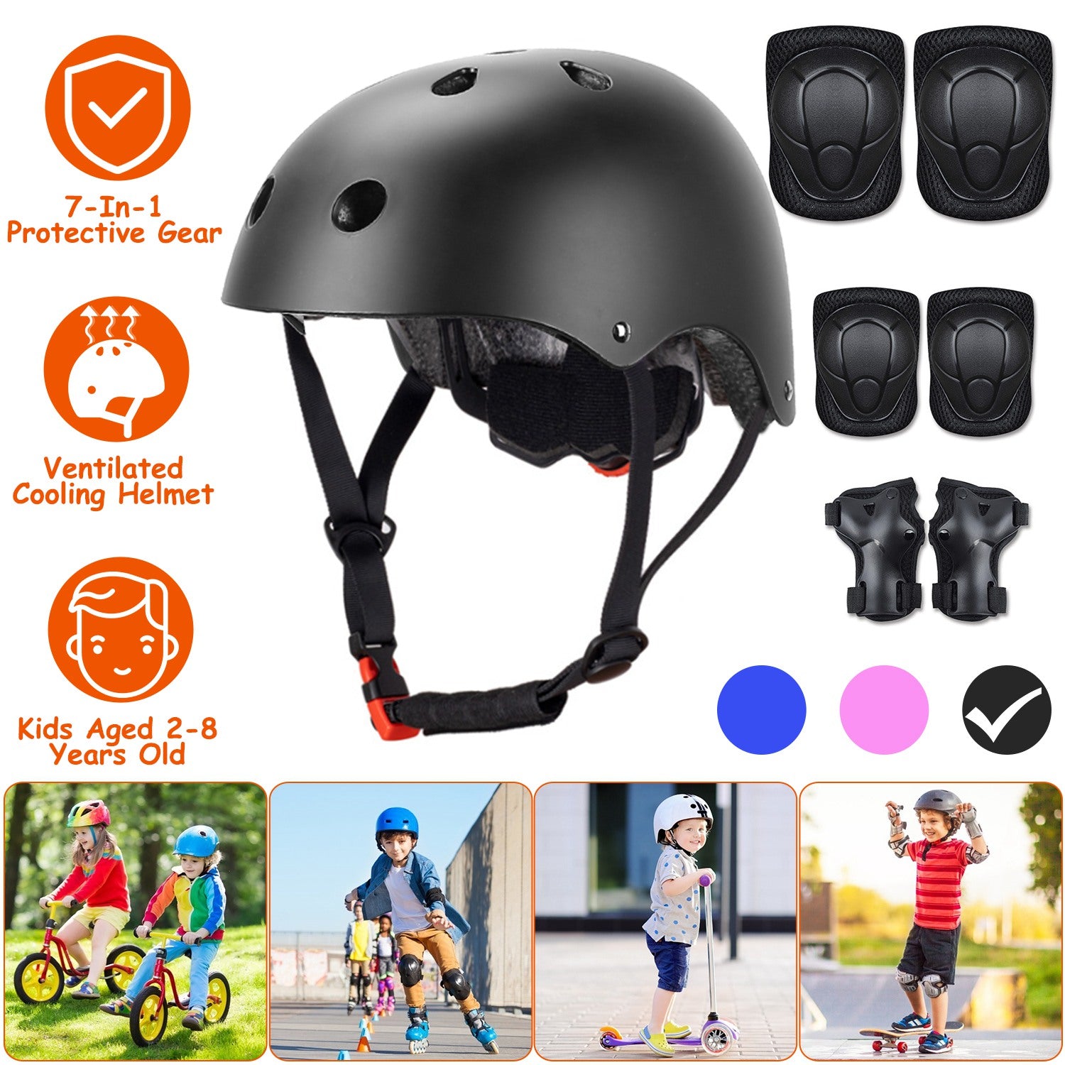 7Pcs Kids Safety Helmet Set Children Sports Protective Gear Set w/ Knee Pads Elbow Pads Wrist Guards For Cycling Bike Skate