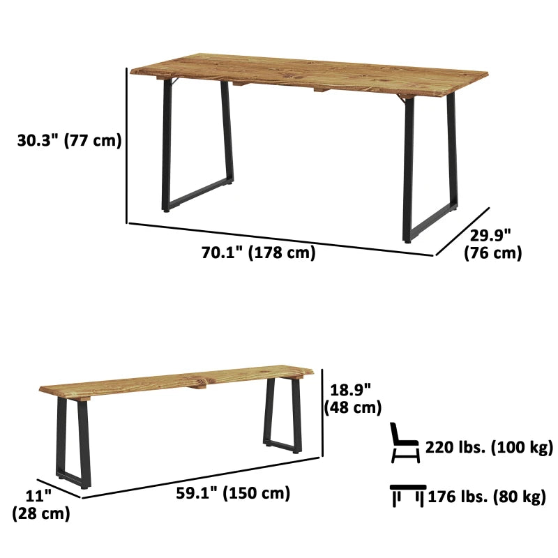 Picnic Table and Bench Set for 6 Persons with 2" Umbrella Hole, Slatted Top & Steel Frame, for Party, BBQ, Patio, Lawn
