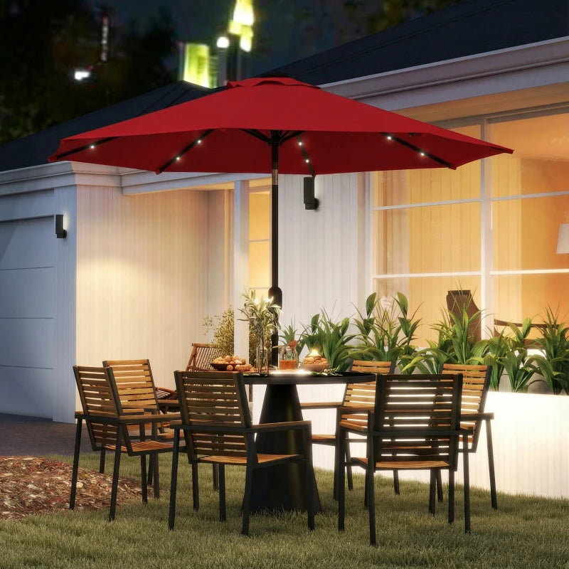9ft Solar Patio Umbrella Outdoor Sunshade 24 LED Lights Tilt Canopy Wine Red
