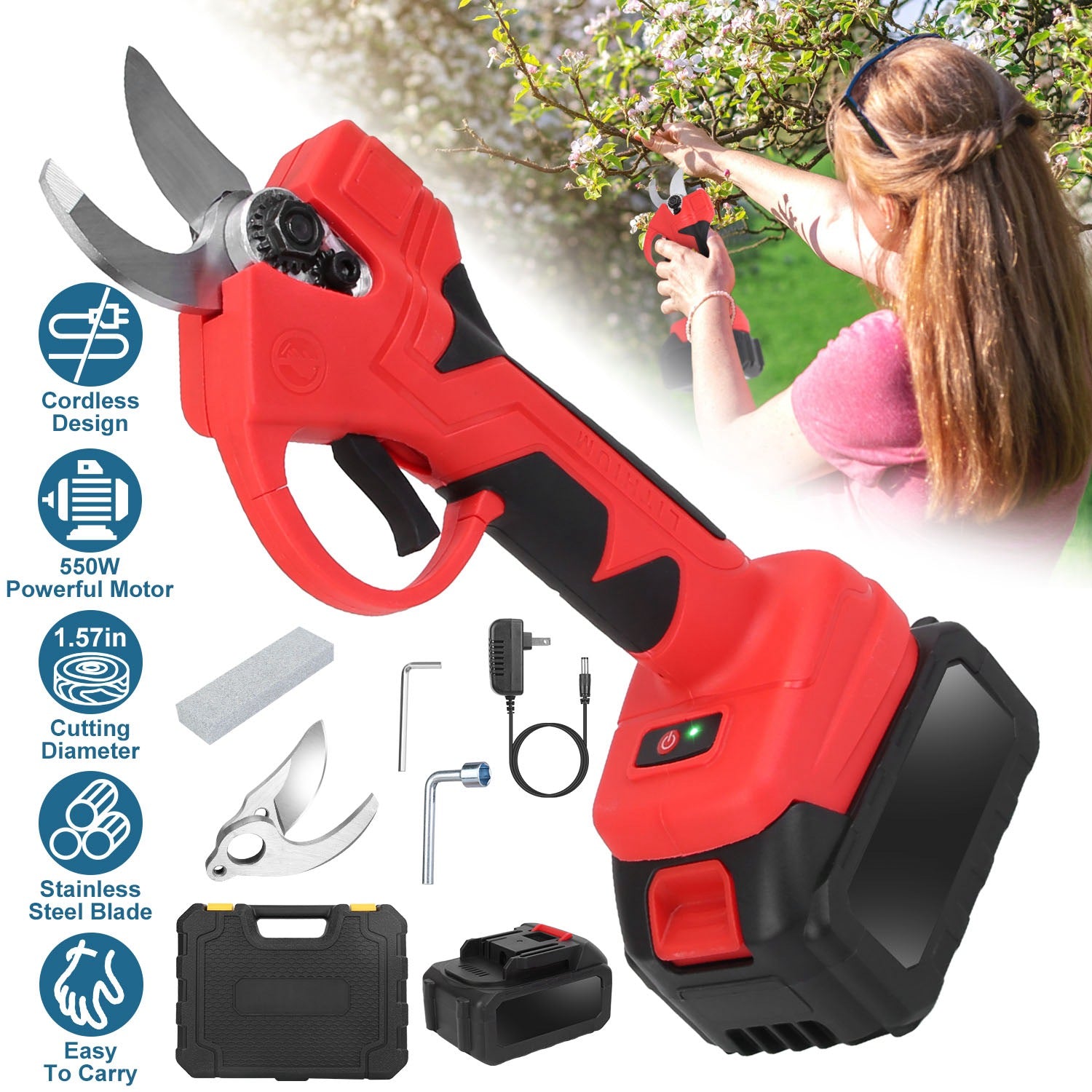 21V Cordless Electric Pruning Shears 40mm 1.57" Electric Branch Scissors Tree Branch Cutter with 2 Rechargeable Batteries Sharpening Stone Blade Repla