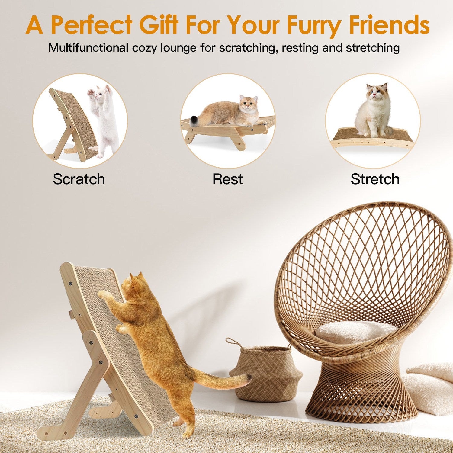 5 Changeable Forms Cardboard Cat Scratcher Double-Sided Cat Scratching Pad With Solid Wood Structure Indoor Reversible Cat Scratcher Lounge