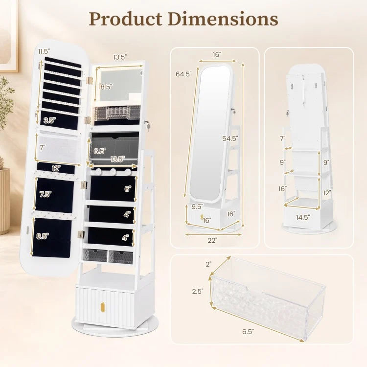360° Swivel Jewelry Cabinet with Full-Length Mirror, LED Makeup Mirror & Storage – White