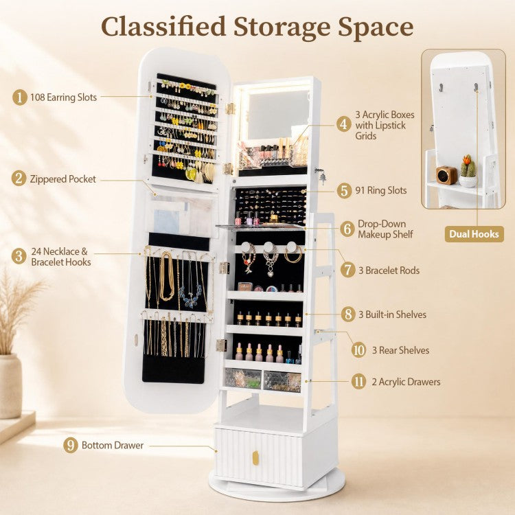 360° Swivel Jewelry Cabinet with Full-Length Mirror, LED Makeup Mirror & Storage – White