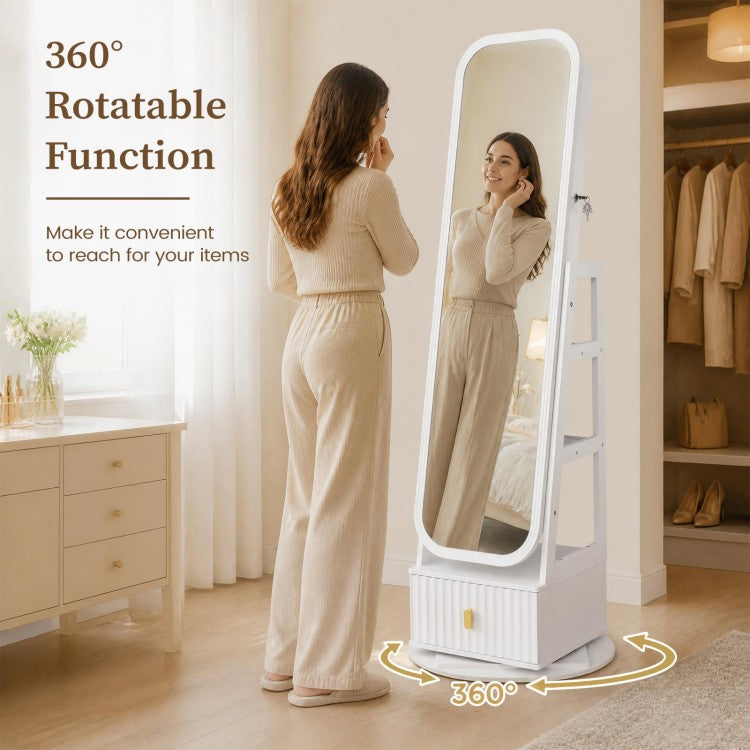 360° Swivel Jewelry Cabinet with Full-Length Mirror, LED Makeup Mirror & Storage – White
